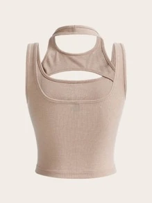 SHEIN EZwear Cut Out Tank Top - Beige - View 2