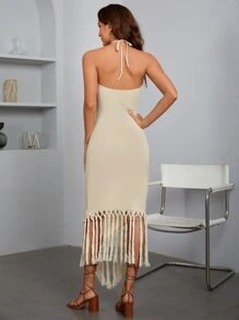 SHEIN VCAY Vestido ajustado de espalda abierta de cuello halter asimétrico bajo con fleco - Beis - Ver 2