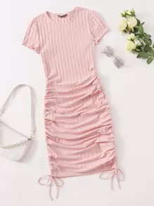 SHEIN EZwear Vestido ajustado tejido de canalé con cordón lateral - Rosa Pálido - Ver 1