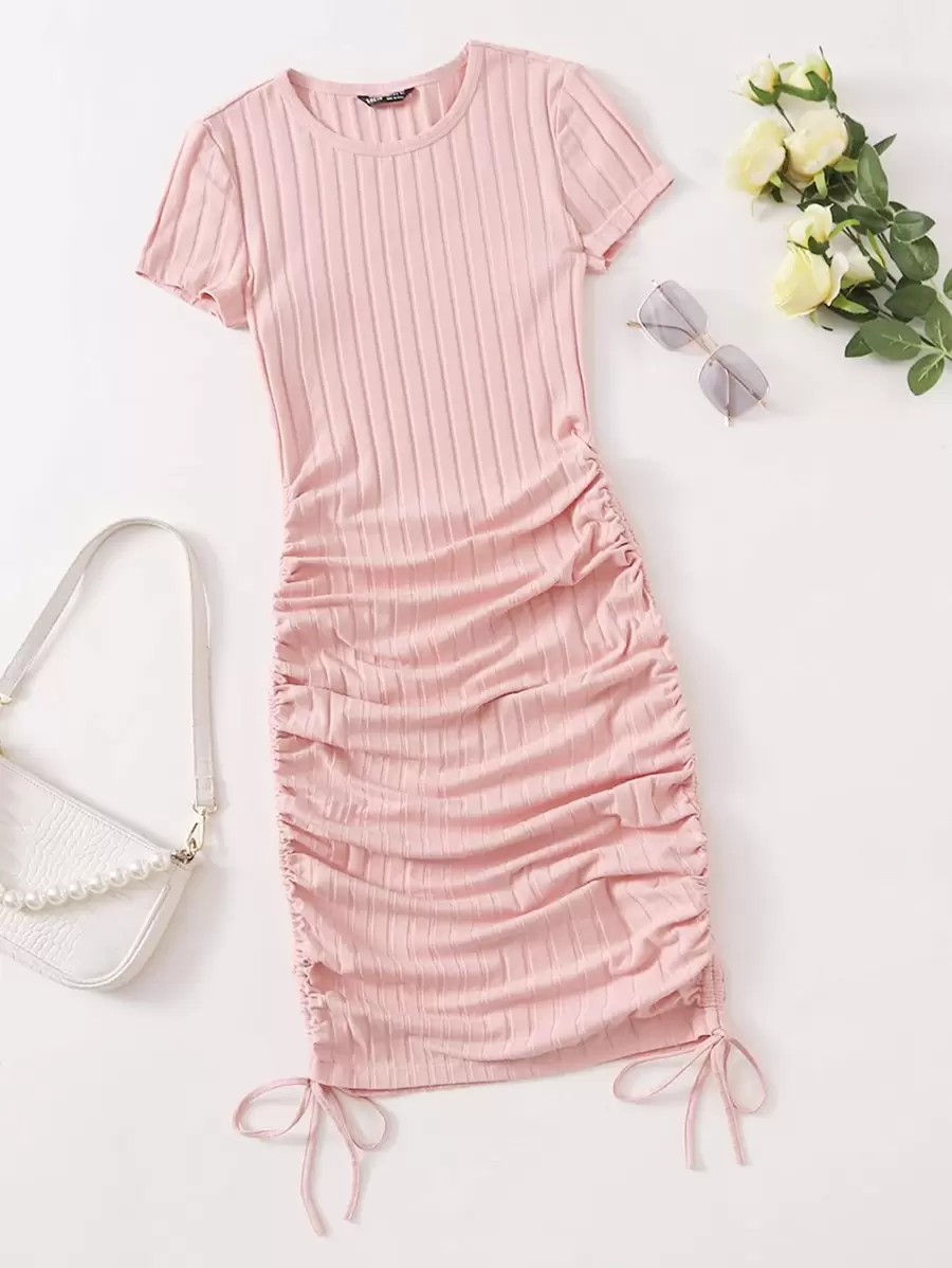 SHEIN EZwear Vestido ajustado tejido de canalé con cordón lateral - Rosa Pálido - Ver 1