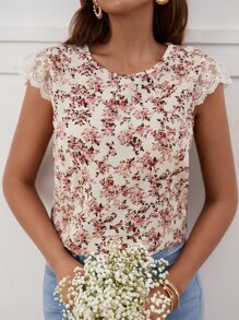 SHEIN Frenchy Floral Print Lace Panel Blouse Summer Flower - Beige - View 3