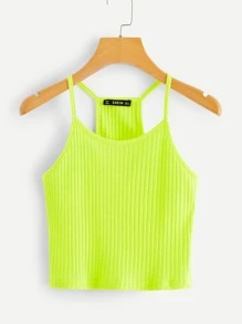 SHEIN EZwear Neon Yellow Ribbed Cropped Cami Top - Lime Green - View 7