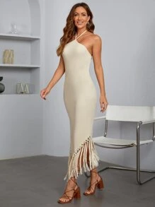 SHEIN VCAY Vestido ajustado de espalda abierta de cuello halter asimétrico bajo con fleco - Beis - Ver 4