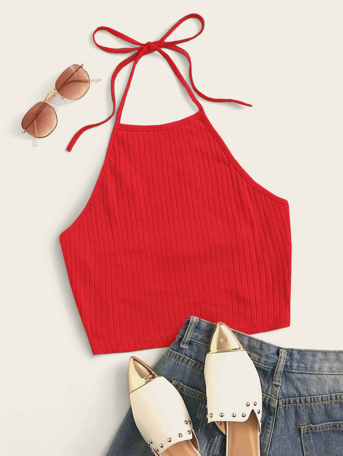 SHEIN EZwear Top halter tejido de canalé unicolor - Rojo - Ver 1