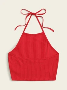 SHEIN EZwear Top halter tejido de canalé unicolor - Rojo - Ver 2