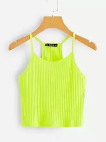 SHEIN EZwear Neon Yellow Ribbed Cropped Cami Top - Lime Green - View 3