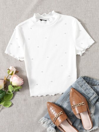 SHEIN EZwear Summer Lettuce Trim Rib-Knit Pearl Beaded White Slim Fit Short Sleeves Top