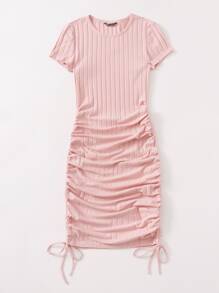 SHEIN EZwear Vestido ajustado tejido de canalé con cordón lateral - Rosa Pálido - Ver 4