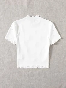 SHEIN EZwear Top Blanc À Manches Courtes, Ajusté, À Perles À Tricoter En Côtes, Garni De Laitue, Pour L'été