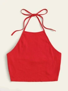 SHEIN EZwear Top halter tejido de canalé unicolor - Rojo - Ver 4