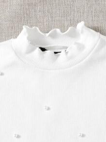 SHEIN EZwear Top Blanc À Manches Courtes, Ajusté, À Perles À Tricoter En Côtes, Garni De Laitue, Pour L'été