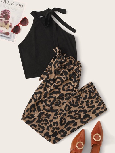 Self-Tie Halter Top & Leopard Wide-Leg Pants Set
