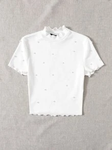 SHEIN EZwear Top Blanc À Manches Courtes, Ajusté, À Perles À Tricoter En Côtes, Garni De Laitue, Pour L'été