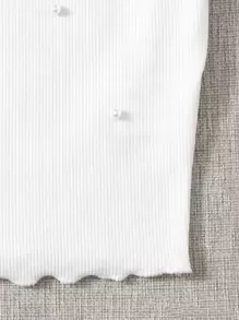 SHEIN EZwear Top Blanc À Manches Courtes, Ajusté, À Perles À Tricoter En Côtes, Garni De Laitue, Pour L'été