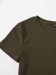 SHEIN Essnce 羅紋針織開衩下擺包臀洋裝 - 軍綠色 - View 4