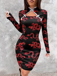 SHEIN ICON Chinese Dragon Print Frog Button Cut Out Bodycon Dress - Multicolor - View 1