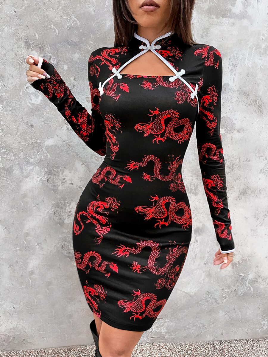 SHEIN ICON Chinese Dragon Print Frog Button Cut Out Bodycon Dress - Multicolor - View 1