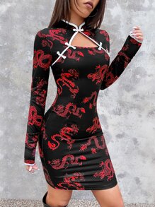 SHEIN ICON Chinese Dragon Print Frog Button Cut Out Bodycon Dress - Multicolor - View 3