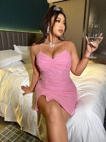 SHEIN SXY Plus Ruched Split Hem Mesh Cami Dress - Baby Pink - View 5