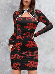 SHEIN ICON Chinese Dragon Print Frog Button Cut Out Bodycon Dress - Multicolor - View 5