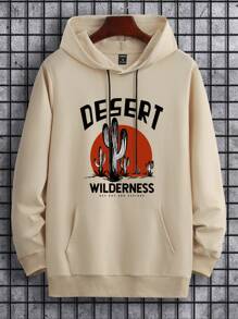 Manfinity Men Cactus & Letter Graphic Drawstring Hooded Sweatshirt - Khaki - View 1