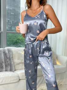 Floral Print Satin PJ Set - Dusty Blue - View 5