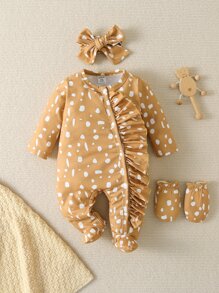 Baby Girl Dalmatian Print Ruffle Trim Footed Sleep Jumpsuit & 1pair Gloves & Headband - Khaki - View 1