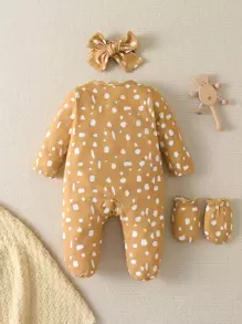 Baby Girl Dalmatian Print Ruffle Trim Footed Sleep Jumpsuit & 1pair Gloves & Headband - Khaki - View 2