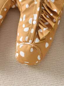 Baby Girl Dalmatian Print Ruffle Trim Footed Sleep Jumpsuit & 1pair Gloves & Headband - Khaki - View 4