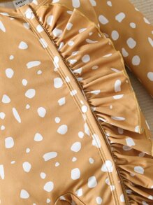 Baby Girl Dalmatian Print Ruffle Trim Footed Sleep Jumpsuit & 1pair Gloves & Headband - Khaki - View 5