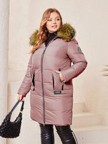 Astrid Plus Slant Pocket Fuzzy Trim Hooded Padded Coat, For Winter - Dusty Pink - View 3
