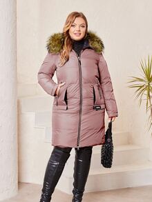 Astrid Plus Slant Pocket Fuzzy Trim Hooded Padded Coat, For Winter - Dusty Pink - View 4