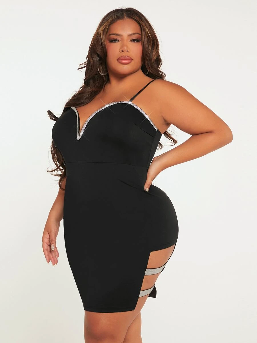 SHEIN SXY Plus Rhinestone Detail Cut Out Side Cami Dress - Black - View 1