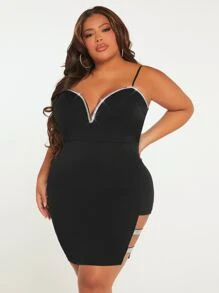SHEIN SXY Plus Rhinestone Detail Cut Out Side Cami Dress - Black - View 2
