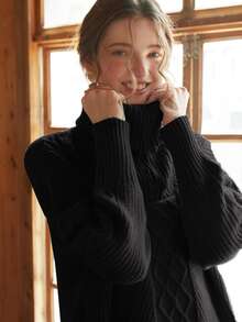 Zipper Half Placket Argyle Knit Jumper - Black - View 6