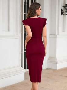 交疊領褶邊不對稱下擺連衣裙 - 紫紅色 - 查看 2