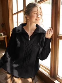 Zipper Half Placket Argyle Knit Jumper - Black - View 2