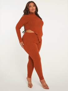 SHEIN SXY Bộ thời trang Plus Size Bất đối xứng Xù nhỏ Gân đan màu trơn Giải trí - Rỉ Nâu - Xem 3