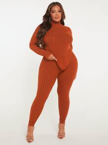 SHEIN SXY Bộ thời trang Plus Size Bất đối xứng Xù nhỏ Gân đan màu trơn Giải trí - Rỉ Nâu - Xem 5