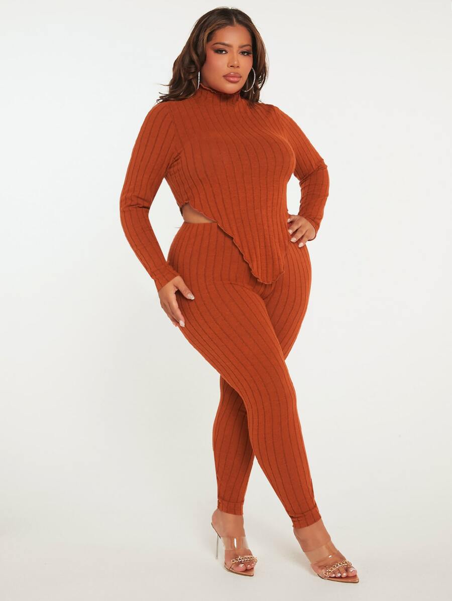 SHEIN SXY Bộ thời trang Plus Size Bất đối xứng Xù nhỏ Gân đan màu trơn Giải trí - Rỉ Nâu - Xem 1