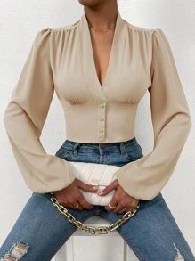 SHEIN Privé Button Front Bishop Sleeve Crop Blouse - Khaki - View 1