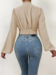 SHEIN Privé Button Front Bishop Sleeve Crop Blouse - Khaki - View 2