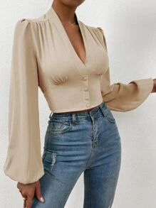 SHEIN Privé Button Front Bishop Sleeve Crop Blouse - Khaki - View 3