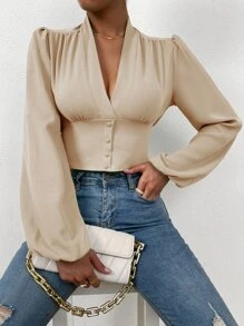 SHEIN Privé Button Front Bishop Sleeve Crop Blouse - Khaki - View 5