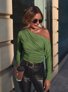 SHEIN Clasi Camiseta de cuello asimétrico fruncido - Verde - Ver 1
