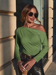 SHEIN Clasi Camiseta de cuello asimétrico fruncido - Verde - Ver 5