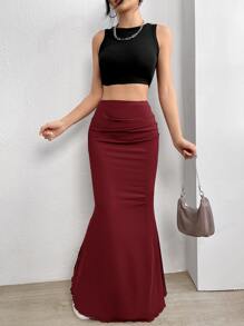 SHEIN EZwear 素色褶邊魚尾短裙