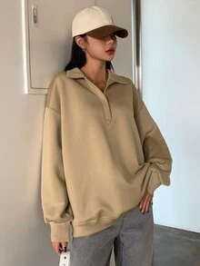 DAZY Half Placket Drop Shoulder Sweatshirt - Khaki - View 3