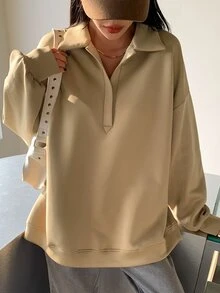 DAZY Half Placket Drop Shoulder Sweatshirt - Khaki - View 4