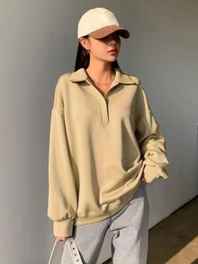 DAZY Half Placket Drop Shoulder Sweatshirt - Khaki - View 5